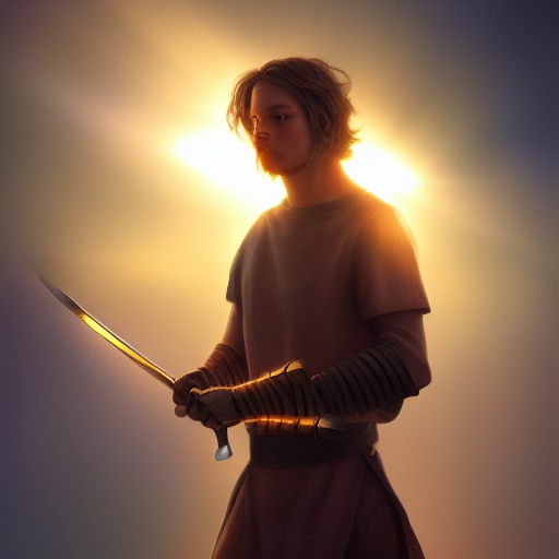 Cole holds the sword aloft triumphantly, a beam of sunlight illuminating the blade and casting a golden glow around him.